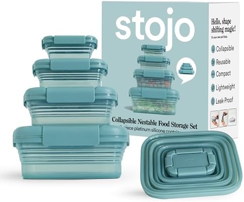 Stojo Nestable Collapsible Food Storage Container -Set of 4, Eucalyptus- Leak-Proof Airtight Seal Made With Food Grade Silicone For Meal Prep, Lunch Box, Pantry Organizer - Microwave & Dishwasher Safe by stojo
