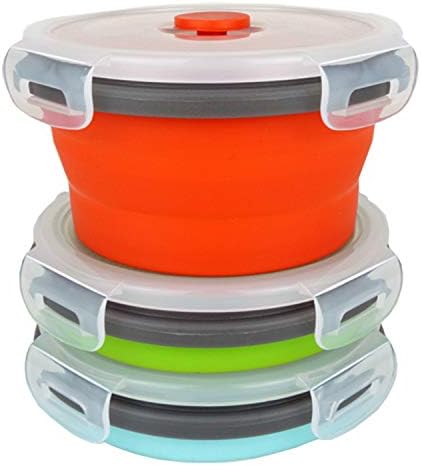 Ecomorning 3Piece Round Collapsible Lunch Container Silicone Food Storage Containers Collapsible Camping Bowl with Airtight Silicone Lids, Microwave, & Freezer Safe, 350ML by CCyanzi