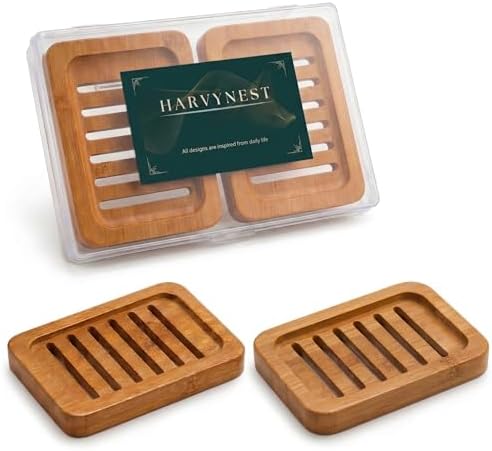 Bamboo Soap Dish with Drainage, 2 Pack Slotted Self Draining Bar Soap Holder, Acacia Finish for Shower, Bathroom Sink & Kitchen Countertop by Harvynest