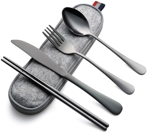 DEVICO Travel Utensils with Case, 5 Piece Portable Silverware Set for Work by DEVICO