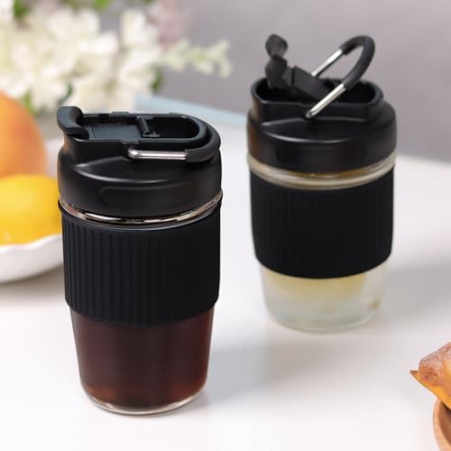 Sivaphe Reusable Glass Ice Hot Coffee Cup 12 oz, Portable Travel Mug with Spill-Proof Lid and Thermal Sleeve for Home Office Black - Image 6