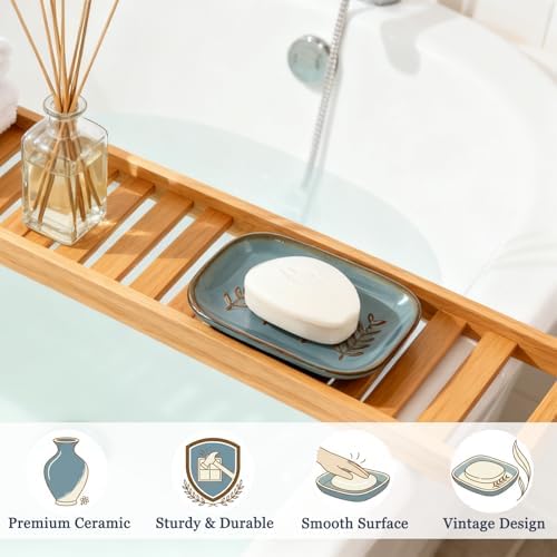 HighHerz Aesthetic Ceramic Soap Dish for Shower, Soap Holder with Raised Relief, Shower Soap Dish for Shampoo Bar Or Sponge, Soap Saver for Bathroom, Kitchen, Sink, Decorative Soap Tray (Blue) - Image 4