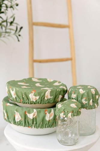 (4-Pack) Sourdough Reuseable Jar & Bowl Covers | Cute Baking Gift | 100% Cotton | Washable | Bread Proofing | Kitchen Food Storage Gifting | Starter Cover Lid Kit (Chickens) - Image 2