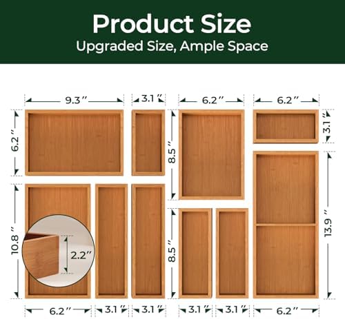 keechee 10-Piece Bamboo Drawer Organizer Set, 2.2" Deep Multi-Use Organizers for Utensils, Silverware, Cutlery, Desk, Bathroom, Junk Drawer & Makeup, Non-Slip Feet Included. - Image 3