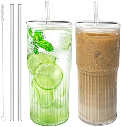 Luiaiog Glass Cups with Lids and Glass Straws,Mason Jar Cups High Borosilicate 20OZ Tumblers (2Pcs) for Coffee, Tea, Juice, Smoothies, Hot/Cold Drinks at Home, Office by Luiaiog