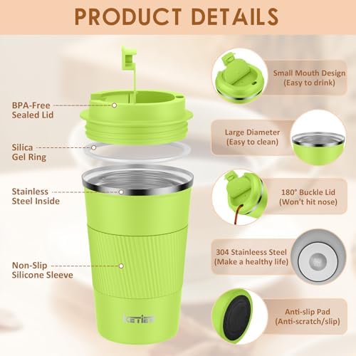 KETIEE Coffee Mug 12oz, Insulated Travel Mug with Leakproof Lid, Double Wall Vacuum Travel Coffee Mug Stainless Steel Reusable Coffee Cup for Hot and Iced Coffee Tea Water (Green) - Image 3