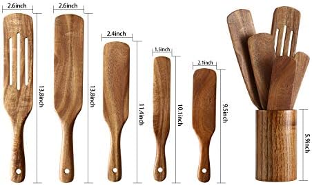 Wooden Spurtles Set with Holder, Natural Teak Kitchen Utensil Set of 6, Heat Resistant Non Stick Wood Cookware with Hanging Hole, Wood Spurtles Spatula Sets for Stirring, Mixing, Serving - Image 2