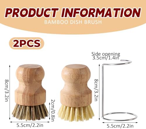 Bamboo Brush for Dishes, 2Pcs Bamboo Dish Brushes Natural Dish Scrubber with 2 Drainage Racks Wooden Dishwashing Brush for Washing Dishes, Pots, Pans and Sink - Image 3