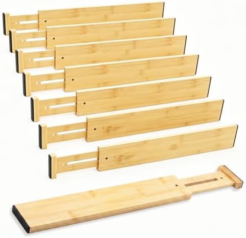 Joyeee Kitchen Drawer Dividers 8 Pack, 16.9-22" Adjustable Bamboo Drawer Organizer, 2.28" High Expandable Utensils Separators for Closet, Dresser, Bathroom, Bedroom by Joyeee