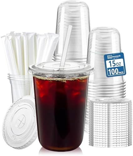 Homestockplus 15 oz Clear PET Plastic Cups with Lids and Straws - 100 Pack Leak-Proof Disposable Plastic Coffee Cups Iced Coffee Cups for Smoothies, Bubble Tea & To-Go Cold Drinks by Homestockplus