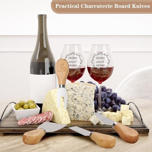 House Warming Gifts New Home – Marble & Acacia Wood Cheese Board, 4 Cheese Knives, Candle, 2 Wine Glasses, 2 Coasters, Greeting Card – Home Sweet Home Gift for Couples, Friends, New Homeowners - Image 2