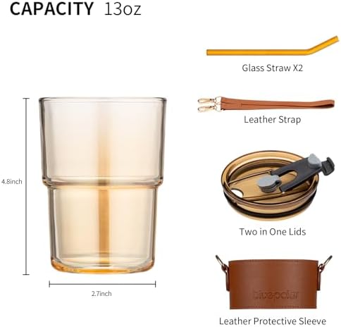 BLUEPOLAR 13 oz Tumbler Water Glass, Water Bottle with Straw and Dustproof Lid, Coffee Ice Cup Double Wall Insulated Glass Cup (Amber with Sleeve and Strap) - Image 4