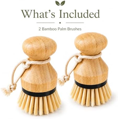 Kitchen Simple Bamboo Palm Brush Set, 2 Pack Dish Scrub Brushes for Pots, Pans, Dishes & Sink Cleaning, Durable Bristles, Bamboo Handle, Black Accent & Cotton Hanging Loop - Image 5