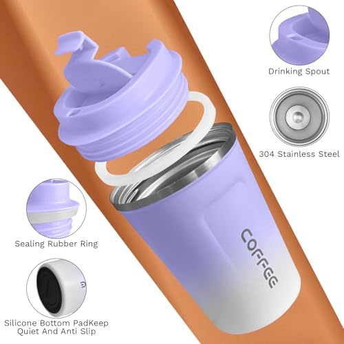 SPLMIFA Travel Coffee Mugs Leak-Proof, Reusable Coffee Cup with Lids, Stainless Steel Vacuum Insulated Coffee Tumblers, Thermal Insulation Cup for Men & Women Hot & Cold Drinks(2nd-Purple White, 17OZ) - Image 3