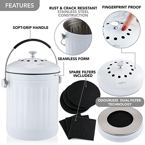 RED FACTOR Premium Compost Bin for Kitchen Countertop - Stainless Steel Food Waste Bucket with Innovative Dual Filter Technology - Includes Spare Filters (White, 1.3 Gallon) - Image 6