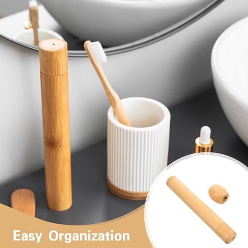 Amosfun Bamboo Toothbrush Holder Portable Toothbrush Storage Tube with Base Travel Tooth Brush Holder Case for Bathroom Counter Office Desktop Dresser Home and Hotel Use - Image 5