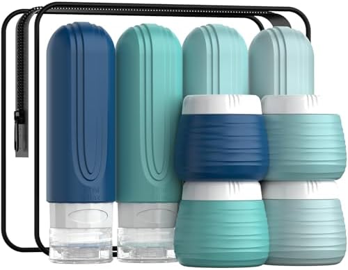 Travel Bottles for Toiletries 8 Pack, TSA Approved Travel Size Toiletries Containers Set, 4 Silicone Leak Proof Refillable Bottles and 4 Creams Jars Accessories Kit W/Clear Bag (GREEN) by YIIMER