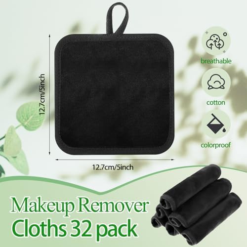 32 Pcs Makeup Remover Pads 5 x 5 Inch Soft Reusable Cloths, Black - Image 4