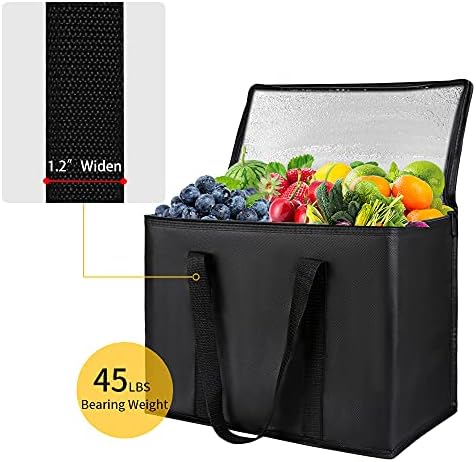 Insulated Reusable Grocery Bags, 16W x 13H x 9D, X-Large Tote Bag for Shopping/Travel, Doordash Food Cooler/Hot Delivery Bag, Black, 2-Pack - Image 6