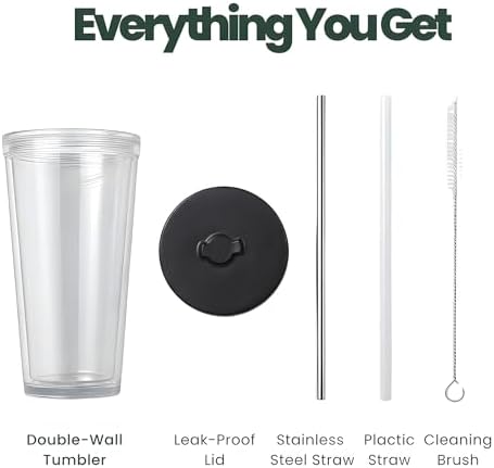 Reusable Iced Coffee Cup with Lid and Straw, 16 oz/Grande, BPA-Free Double-Wall Insulated Plastic Tumbler for Cold Drinks, Includes Clear Plastic Straw, Stainless Steel Straw and Cleaning Brush, Black - Image 6