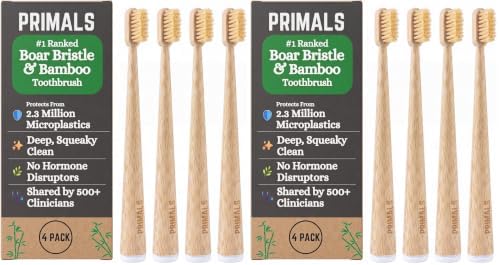 PRIMALS Boar Bristle & Bamboo Toothbrush (8-Pack) - Premium Boar Bristles - Fully Biodegradable - Plastic & Nylon Free - Quick Dry Design by PRIMALS