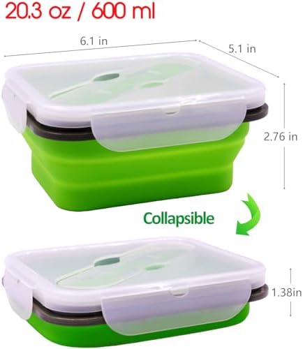 2 Pack Collapsible Silicone Bento Lunch Boxes With Lids Spoon Fork, 20.3oz, Meal Prep Food Storage Containers, Durable, Safe in Microwave, Dishwasher and Freezer, BPA Free (Green and Yellow) - Image 6