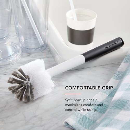 KitchenAid Narrow Neck Bottle Brush for Travel Mugs, Water Bottles, Vases, and More, Non Slip Comfort Grip Handle, Black and White - Image 4