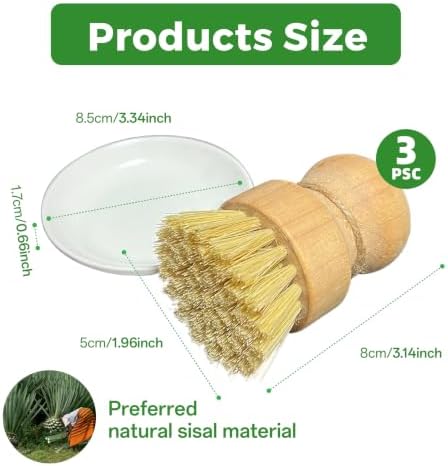 Bamboo Dish Brush Set, Natural Sisal Scrubber for Pots Pans Dishes with Tray, Eco Friendly Kitchen Brush 3 Pack - Image 5