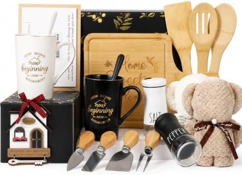 Housewarming Gifts for New Home, 18-Piece Gift Basket for Couples and Homeowners with Coffee Mugs, Bamboo Serving Board, Salt and Pepper Shakers, Towels, Utensils, Cheese Knives and Ornament by Unknown