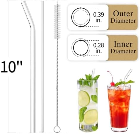 Piteno® 12Pcs Glass Straws with 4Pcs Brushes, Clear Glass Drinking Straws, 10''x10MM, Set of 6 Straight and 6 Bent with 4 Cleaning Brushes, Perfect for Smoothies, Milkshakes, Juice, Tea - Image 2