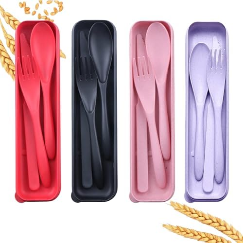 4 Pack Wheat Straw Cutlery, BPA Free Fork Spoon Knife with Storage Case by Unknown