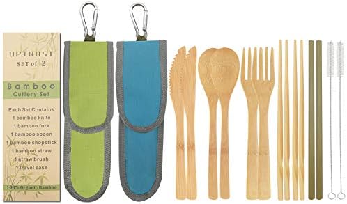 UPTRUST 2 Set Bamboo Cutlery Set Bamboo Travel Utensil Reusable Table cutlery Fork Knife Spoon Chopsticks Straw Cleaning Brush for Travel Picnic School Office（Skyblue& Green） by UPTRUST