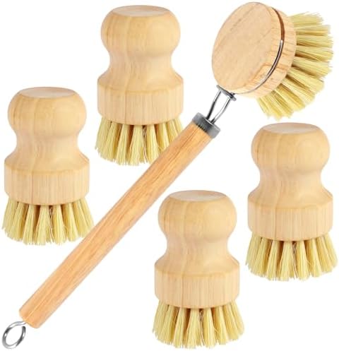 Dish Brush Set Soft Sisal Dish Scrub Brush with Handle Kitchen Scrub Brush Natural Kitchen Cleaning Brush Set Wood Dish Scrubber Brush Practical Dish Scrubber Wooden Cleaning Scrubber for Cle - Image 5
