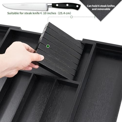 VaeFae Bamboo Silverware Drawer Organizer, 7 Slots, Black - Image 2