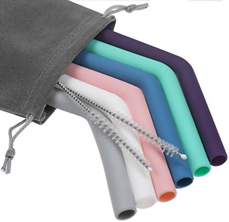 Senneny Set of 6 Silicone Drinking Straws for 30oz and 20oz - Reusable Silicone Straws BPA Free Extra Long with Cleaning Brushes- 6 Bent- 8mm diameter by Senneny