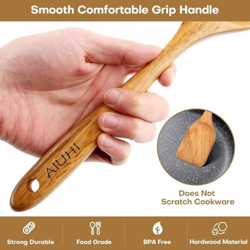 AIUHI Teak Wood 8-Piece Wooden Kitchen Utensils Set, Wooden Spoons for Cooking, Smooth Wood Spatula Set for Nonstick Cookware, Daily Cooking, Housewarming Gift - Image 3