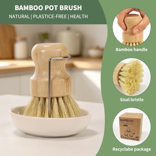 6 PCS Bamboo Dish Brush Set - Natural Scrub Brush for Dish with Tray and Drain Holder, Wooden Dish Scrubber for Kitchen Cleaning Dishes, Pots, Pans and Vegetables (6) - Image 3