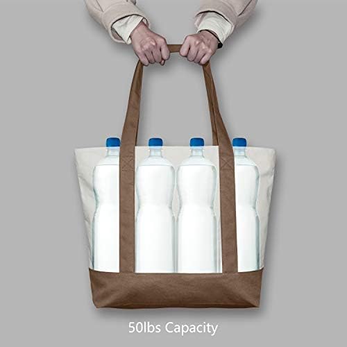TOPDesign 6-Pack Canvas Tote Bags with an External Pocket, Reusable Grocery Shopping Bags, Top Zipper Closure, Daily Essentials (Brown/Natural) - Image 6