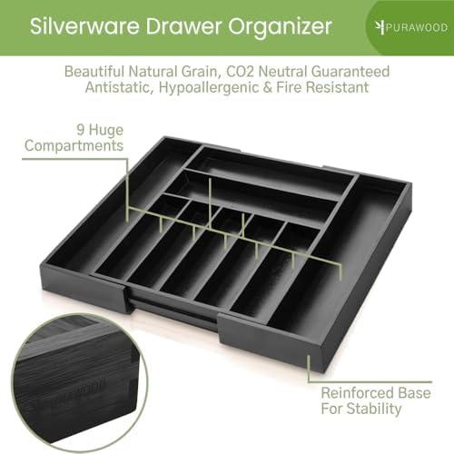 Purawood Bamboo Drawer Organizer - Expandable Silverware Organizer & Utensil Organizer, Cutlery Tray with Dividers, 7-9 Slots - Premium Kitchen Drawer Organizer for Utensils & Flatware (Black) - Image 3