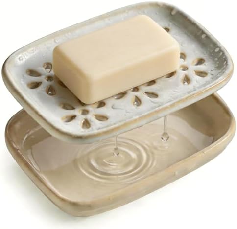 Miamolo Soap Dish for Shower with Drainage, Double Layer Bar Soap Holder, Ceramic Soap Saver Sponge Holder for Bathroom, Tub and Kitchen Sink, Slotted Draining Soap Dishes Extend Soap Life, Beige by Miamolo