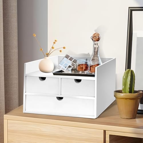 Charmewooden Bamboo Desk Organizer 3 Drawer with Shelf, Countertop Organizer with Drawers Makeup Storage Drawer 3 Drawers Tabletop Storage Organization Box Home Office Workspace（White） - Image 3