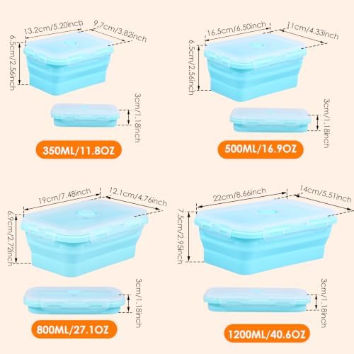 4Pcs Collapsible Silicone Food Container with Lid Heat Resistant Foldable Food Storage Containers Microwave Dishwasher and Freezer Safe 350/500/800/1200 ml for Kitchen Picnic Travel(Sky Blue) - Image 2