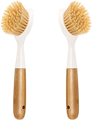 2 Pack Kitchen Dish Brush Bamboo Handle Dish Scrubber Built-in Scraper by Songtaste