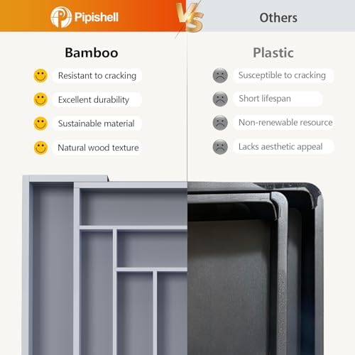 Pipishell Bamboo Expandable Drawer Organizer for Utensils Holder, Adjustable Cutlery Tray, Wood Drawer Dividers Organizer for Silverware, Flatware, Knives in Kitchen, Bedroom, Living Room(Grey) - Image 6