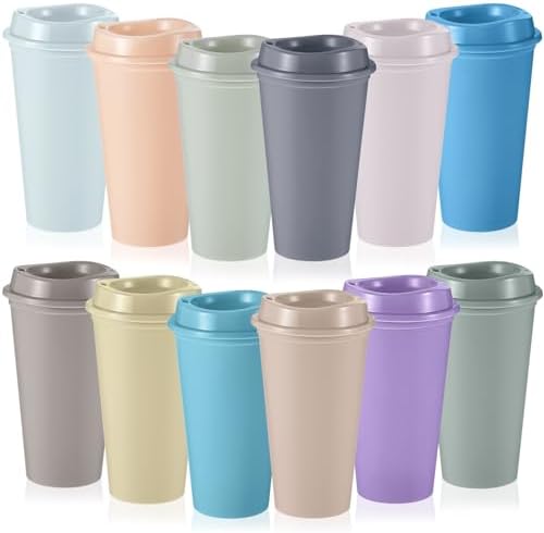 FillTouch 12 Pcs 16 oz Reusable Coffee Cups with Lids, Morandi Pastels by FillTouch