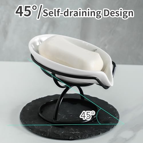 Dobbyby Leaf-Shaped Soap Dish – Premium Ceramic Soap Bar Holder with Self-Drainage System – Bar Soap Holder for Shower, Bathroom Sink, Kitchen – Waterfall Soap Dish with Stainless Steel Stand (Black) - Image 2