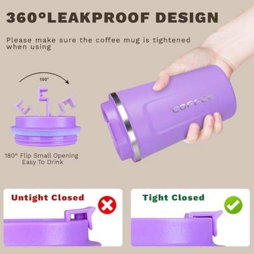 SPLMIFA Travel coffee mugs leak-proof, reusable coffee cup with lid, stainless steel vacuum insulated coffee tumblers, thermal insulation cups for men & women keep drinks hot & cold (2nd-Purple, 12OZ) - Image 5