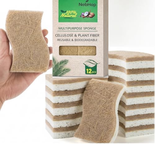 Plant Based Dish Sponge – Coconut Fiber, Natural Cellulose & Wood Pulp Double Layer Scrubber, Eco Friendly Non-Scratch Kitchen Sponges for Dishes, Plastic-Free, Compostable Sponges (12 Pack) by Unknown