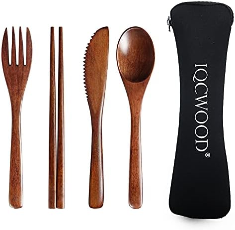Portable Wooden Cutlery Set for Travel and Camping - 4 Piece Set With Reusable Wooden Spoon, Fork, Knife and Chopsticks by IQCWOOD