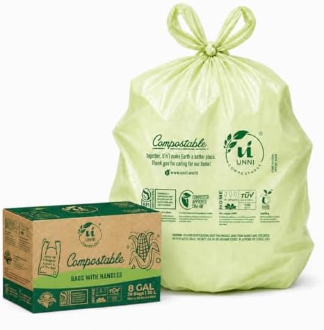 UNNI 8 Gallon Compostable Bags with Easy-Tie Handles, 30 Liter, 30 Count by UNNI